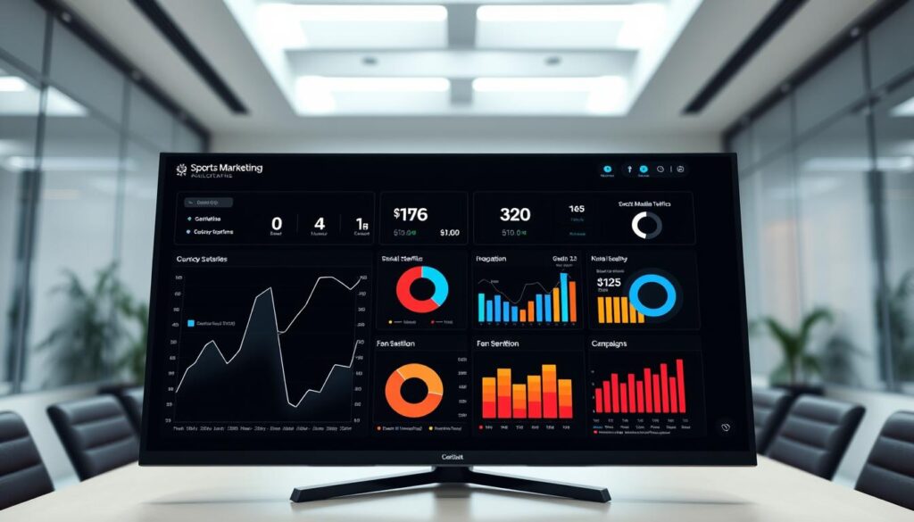 A data-driven sports marketing analytics dashboard displayed on a high-resolution monitor. In the foreground, a line graph showcases key performance metrics like social media engagement, website traffic, and fan sentiment. The middle ground features neatly organized data visualizations, including pie charts, bar graphs, and infographics that provide insights into audience demographics and campaign effectiveness. The background depicts a blurred, minimalist office setting with clean lines and neutral tones, creating a professional and tech-savvy atmosphere. Crisp lighting from above and a slight camera angle emphasize the dashboard's sleek, modern design. The overall mood is one of data-driven decision making and strategic sports marketing optimization. A data-driven sports marketing analytics dashboard displayed on a high-resolution monitor. In the foreground, a line graph showcases key performance metrics like social media engagement, website traffic, and fan sentiment. The middle ground features neatly organized data visualizations, including pie charts, bar graphs, and infographics that provide insights into audience demographics and campaign effectiveness. The background depicts a blurred, minimalist office setting with clean lines and neutral tones, creating a professional and tech-savvy atmosphere. Crisp lighting from above and a slight camera angle emphasize the dashboard's sleek, modern design. The overall mood is one of data-driven decision making and strategic sports marketing optimization.