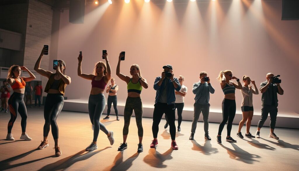 A dynamic sports arena with a vibrant atmosphere. In the foreground, a group of fitness influencers dressed in stylish athletic wear strike energetic poses, engaging with their audience through their smartphones. In the middle ground, brand ambassadors showcase the latest sports apparel and equipment, their movements captured by professional-grade cameras. The background depicts a sleek, minimalist stage, illuminated by warm, directional lighting that casts dramatic shadows, creating a sense of excitement and energy. The overall scene conveys the power of influencer marketing in the sports industry, where digital content and brand integration come together to captivate and inspire. A dynamic sports arena with a vibrant atmosphere. In the foreground, a group of fitness influencers dressed in stylish athletic wear strike energetic poses, engaging with their audience through their smartphones. In the middle ground, brand ambassadors showcase the latest sports apparel and equipment, their movements captured by professional-grade cameras. The background depicts a sleek, minimalist stage, illuminated by warm, directional lighting that casts dramatic shadows, creating a sense of excitement and energy. The overall scene conveys the power of influencer marketing in the sports industry, where digital content and brand integration come together to captivate and inspire.