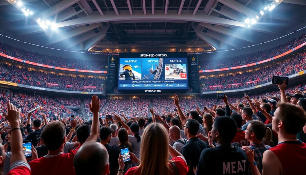 A digital sports stadium filled with enthusiastic fans interacting with a large, interactive display showcasing sponsored content. In the foreground, fans eagerly engage with the screen, tapping and swiping to participate in games, polls, and social media integrations. The middle ground features a diverse crowd of spectators, some holding mobile devices, others cheering and waving team flags. The background depicts the grand architecture of the arena, with sleek, modern lines and vibrant lighting that creates an immersive, high-tech atmosphere. The scene conveys a sense of dynamic, real-time fan engagement with the sponsor's digital activations, driving brand visibility and audience participation.