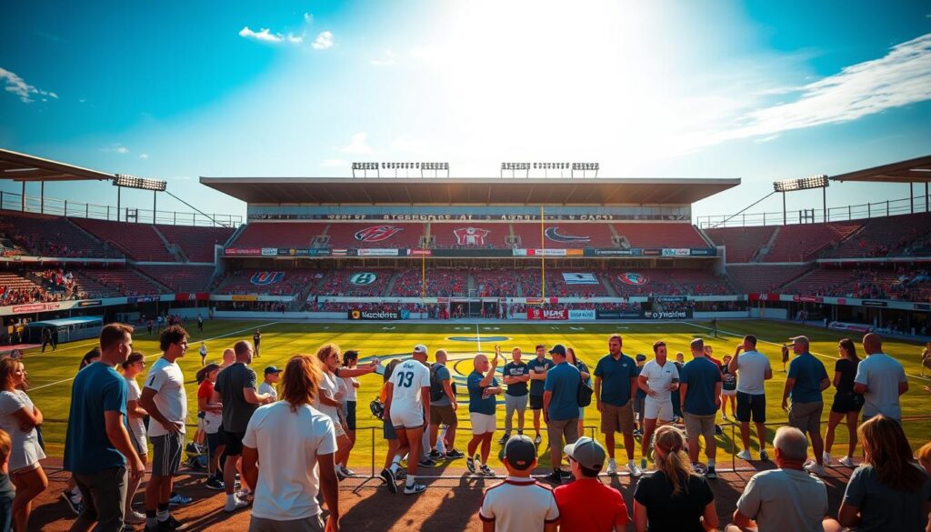 A sports stadium in the background, with teams' logos and branding prominently displayed on the field and stands. In the foreground, a diverse group of athletes and fans engaged in various activities, showcasing the collaborative nature of regional sports partnerships. Warm, natural lighting illuminates the scene, creating a sense of energy and camaraderie. The composition emphasizes the synergy between local brands and grassroots sports initiatives, capturing the essence of "Grassroots Partnerships: Unlocking Power for Local Sports & Regional Brands".