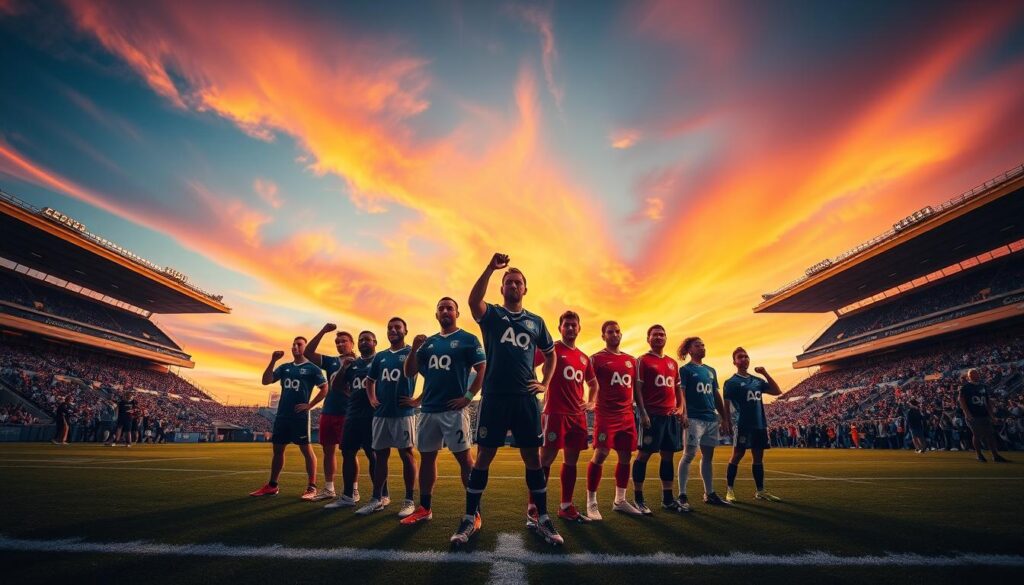 A sports stadium under a vibrant sunset sky, with the field's turf and stands casting long shadows. In the foreground, a group of athletes in dynamic poses, their jerseys emblazoned with bold, recognizable brand logos. The middle ground features a blend of team gear, sporting equipment, and spectator paraphernalia, all seamlessly integrated to showcase effective brand alignment. The background is filled with a sense of energy and anticipation, with the audience's silhouettes visible in the stands. The lighting is a warm, golden hue, creating a captivating and immersive atmosphere that embodies the essence of "Effective Storytelling" in sports sponsorships.